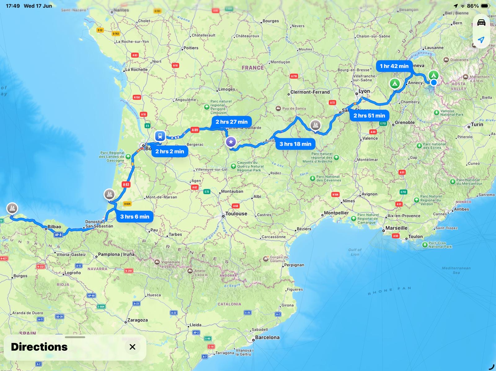 Hand-drawn route map of the outbound drive from Bilbao up the Atlantic coast of France and east to the Alps, with leg times marked.